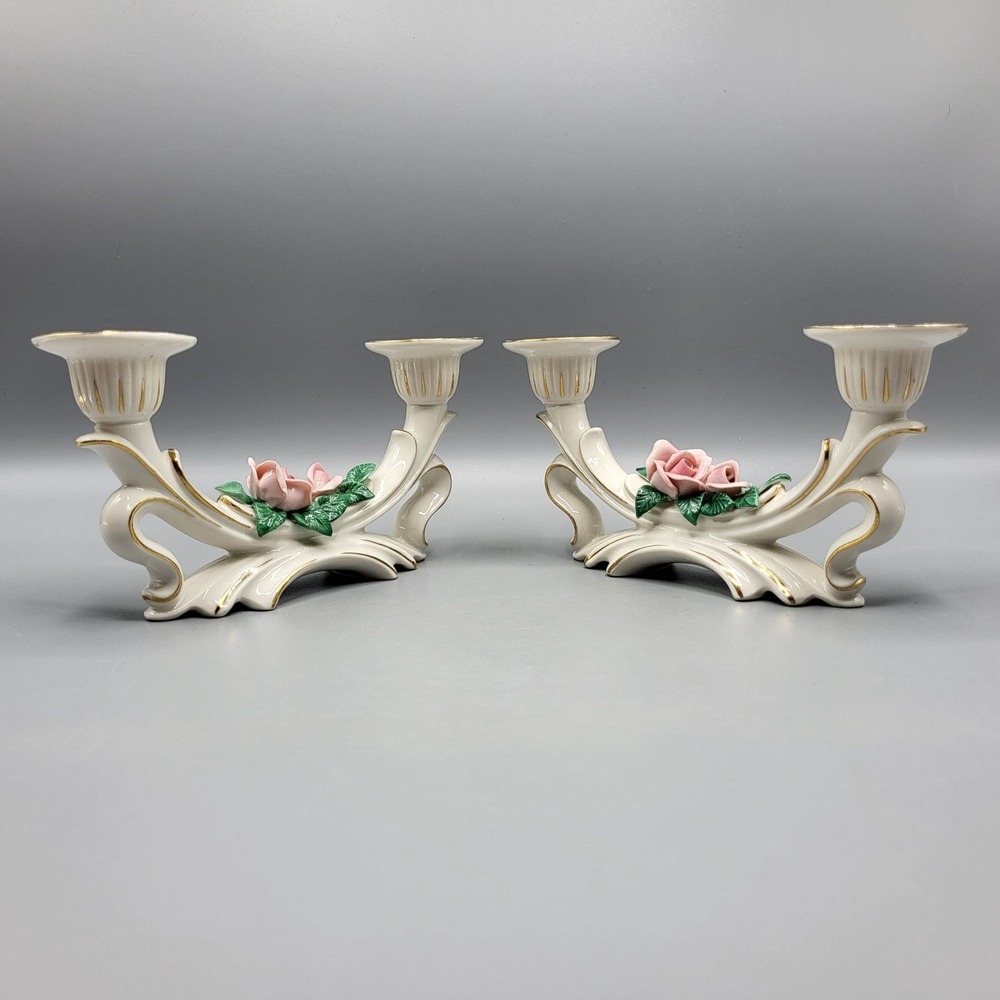 Vtg Dresden Porcelain Rose Double Candle Holder Candlestick Set of 2 Germany